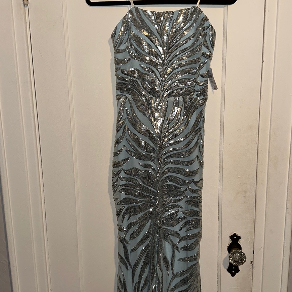 Light blue, sequin gown.